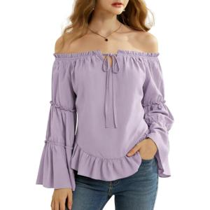 image:imageScarlet Darkness Women Bell Sleeve Tops Ruffle Off Shoulder Casual Loose Renaissance Peasant BlouseLight Purple