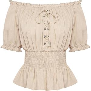 image:imageScarlet Darkness Women Renaissance Off Shoulder Blouse Smocked Waist Pirate Shirt Peplum TopsApricot
