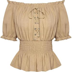 image:imageScarlet Darkness Women Renaissance Off Shoulder Blouse Smocked Waist Pirate Shirt Peplum TopsKhaki