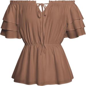 image:imageScarlet Darkness Women Renaissance Pirate Shirt Off Shoulder Blouse Ruffled Sleeve TopsBrown