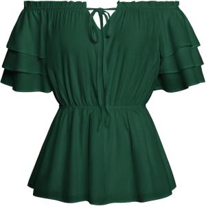 image:imageScarlet Darkness Women Renaissance Pirate Shirt Off Shoulder Blouse Ruffled Sleeve TopsGreen