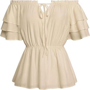 image:imageScarlet Darkness Women Renaissance Pirate Shirt Off Shoulder Blouse Ruffled Sleeve TopsKhaki