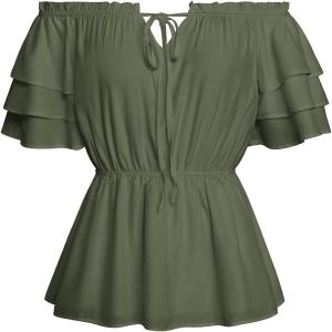 image:imageScarlet Darkness Women Renaissance Pirate Shirt Off Shoulder Blouse Ruffled Sleeve TopsOlive Green