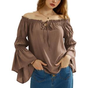 image:imageScarlet Darkness Women Renaissance Shirt Off Shoulder Bell Sleeve Ruffle Casual Loose Peasant TopsTobacco Brown