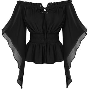 image:imageScarlet Darkness Women Renaissance Shirt Off Shoulder Bell Sleeve Smocked Waist Tops BlouseBlack