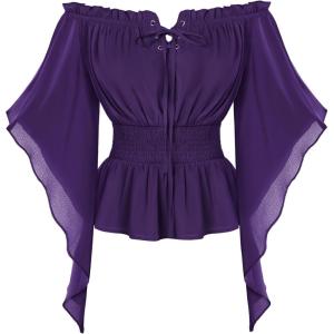image:imageScarlet Darkness Women Renaissance Shirt Off Shoulder Bell Sleeve Smocked Waist Tops BlouseDark Purple