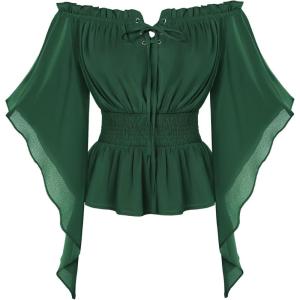 image:imageScarlet Darkness Women Renaissance Shirt Off Shoulder Bell Sleeve Smocked Waist Tops BlouseGreen
