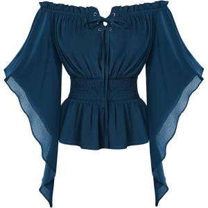image:imageScarlet Darkness Women Renaissance Shirt Off Shoulder Bell Sleeve Smocked Waist Tops BlouseNavy Blue
