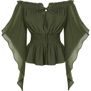 image:imageScarlet Darkness Women Renaissance Shirt Off Shoulder Bell Sleeve Smocked Waist Tops BlouseOlive Green