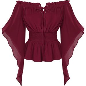 image:imageScarlet Darkness Women Renaissance Shirt Off Shoulder Bell Sleeve Smocked Waist Tops BlouseWine