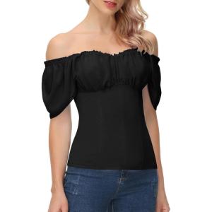 image:imageScarlet Darkness Women Renaissance Shirt Off Shoulder Flutter Short Sleeve Top Summer Square Neck Peasant BlouseBlack