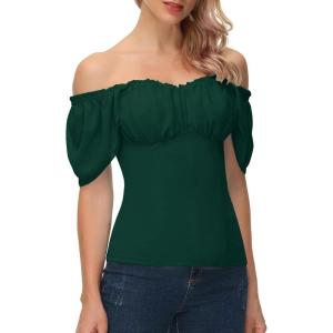 image:imageScarlet Darkness Women Renaissance Shirt Off Shoulder Flutter Short Sleeve Top Summer Square Neck Peasant BlouseDark Green