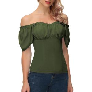 image:imageScarlet Darkness Women Renaissance Shirt Off Shoulder Flutter Short Sleeve Top Summer Square Neck Peasant BlouseOlive Green