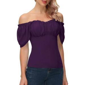 image:imageScarlet Darkness Women Renaissance Shirt Off Shoulder Flutter Short Sleeve Top Summer Square Neck Peasant BlousePurple