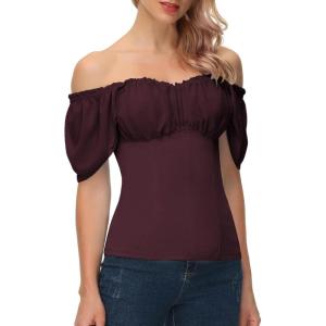 image:imageScarlet Darkness Women Renaissance Shirt Off Shoulder Flutter Short Sleeve Top Summer Square Neck Peasant BlousePurple Red