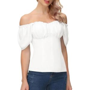 image:imageScarlet Darkness Women Renaissance Shirt Off Shoulder Flutter Short Sleeve Top Summer Square Neck Peasant BlouseWhite