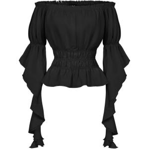 image:imageScarlet Darkness Womens Renaissance Shirt Ruffle Sleeve Off The Shoulder Peplum Blouse Peasant Dressy TopBlack