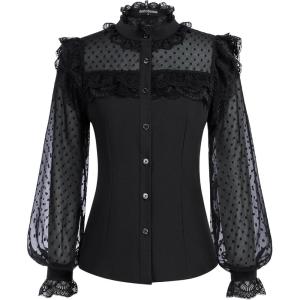 image:imageScarlet Darkness Womens Victorian Lace Tops Polka Dot Button Down Long Sleeve ShirtBlack
