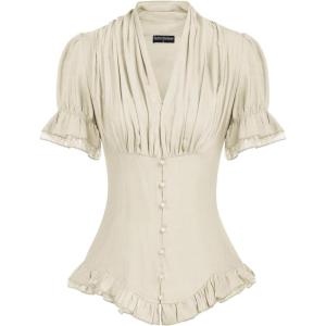 image:imageScarlet Darkness Womens Work Tops Elegant Renaissance Pirate Shirt Short Sleeve Victorian Peasant BlousesBeige