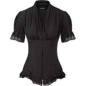 image:imageScarlet Darkness Womens Work Tops Elegant Renaissance Pirate Shirt Short Sleeve Victorian Peasant BlousesBlack