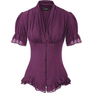 image:imageScarlet Darkness Womens Work Tops Elegant Renaissance Pirate Shirt Short Sleeve Victorian Peasant BlousesEggplant Purple