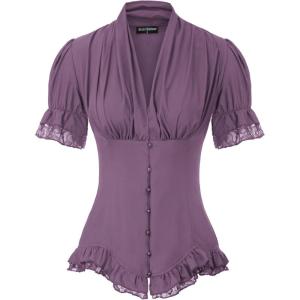 image:imageScarlet Darkness Womens Work Tops Elegant Renaissance Pirate Shirt Short Sleeve Victorian Peasant BlousesGrey Purple
