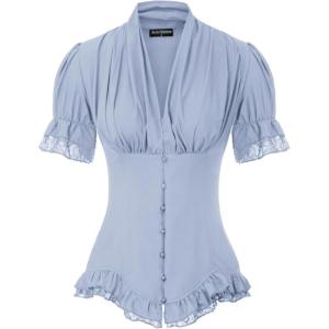 image:imageScarlet Darkness Womens Work Tops Elegant Renaissance Pirate Shirt Short Sleeve Victorian Peasant BlousesLight Blue