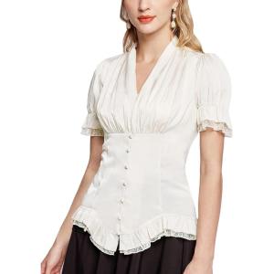 image:imageScarlet Darkness Womens Work Tops Elegant Renaissance Pirate Shirt Short Sleeve Victorian Peasant BlousesWhite