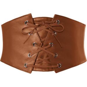image:imageGRACE KARIN Womens Elastic Wide Waist Belt Renaissance Pirate Corset Cinch Belt Cosplay Costume with Press ButtonBrown Leather