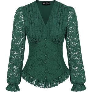 image:imageSCARLET DARKNESS Womens Victorian Shirt Green Dressy Blouse Lace Top Long Sleeve Elegant Shirt LaceGreen 2XL