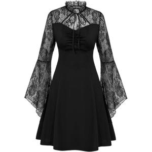 image:imageWomen Gothic Dress Lace Patchwork Long Bell Sleeve Skater Halloween Dress Black S