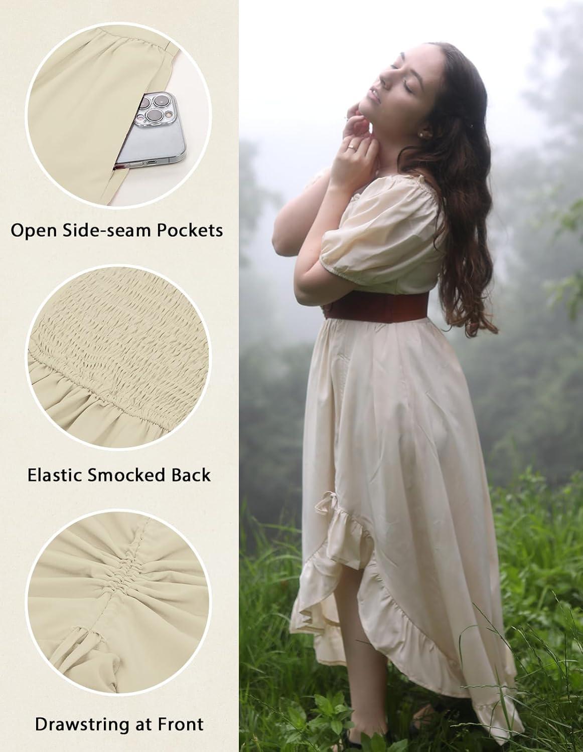 image:imageScarlet Darkness Renaissance Dress Women Cottagecore Corset Dress Ruffle Maxi Dress with PocketsBeige