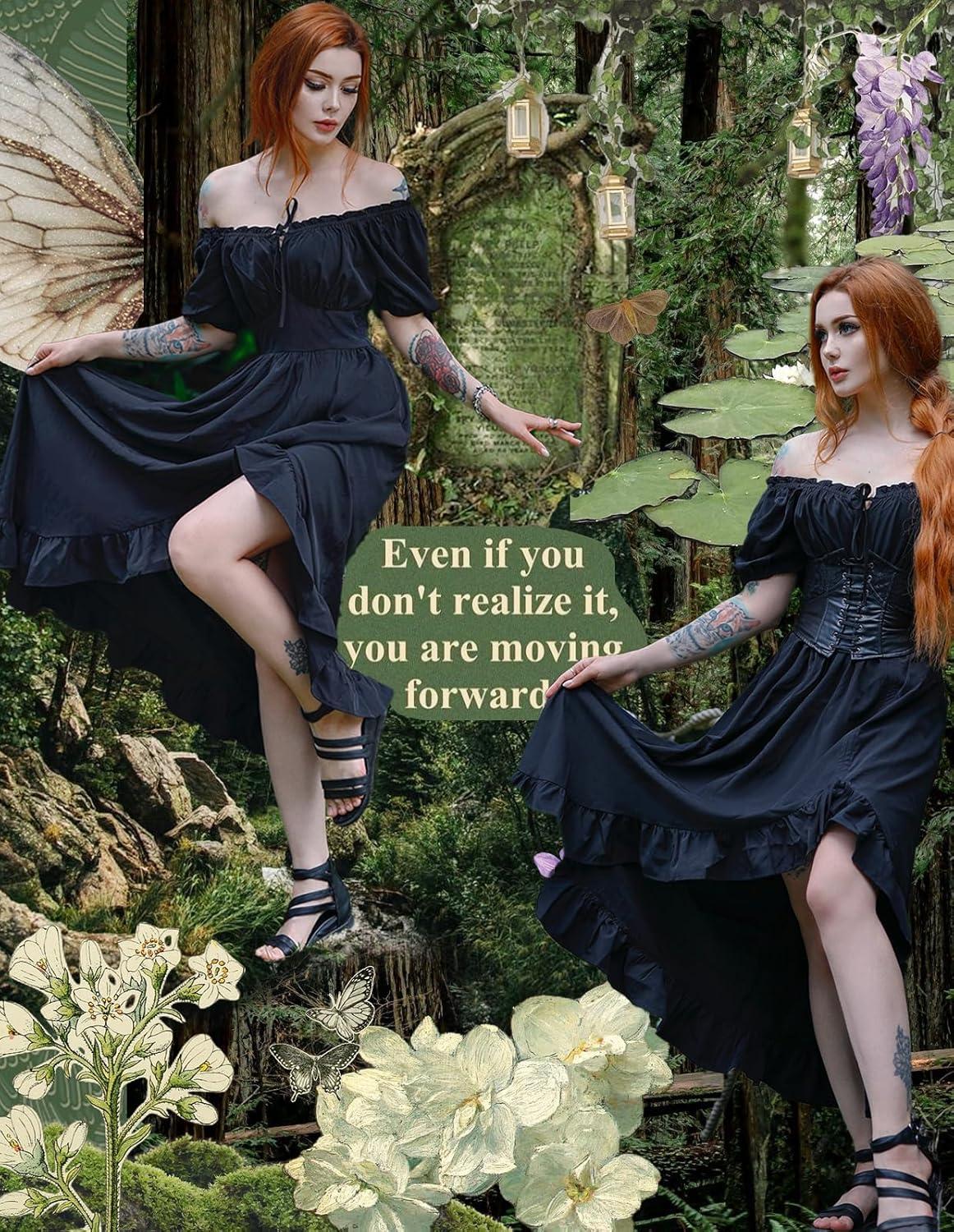 image:imageScarlet Darkness Renaissance Dress Women Cottagecore Corset Dress Ruffle Maxi Dress with PocketsBlack