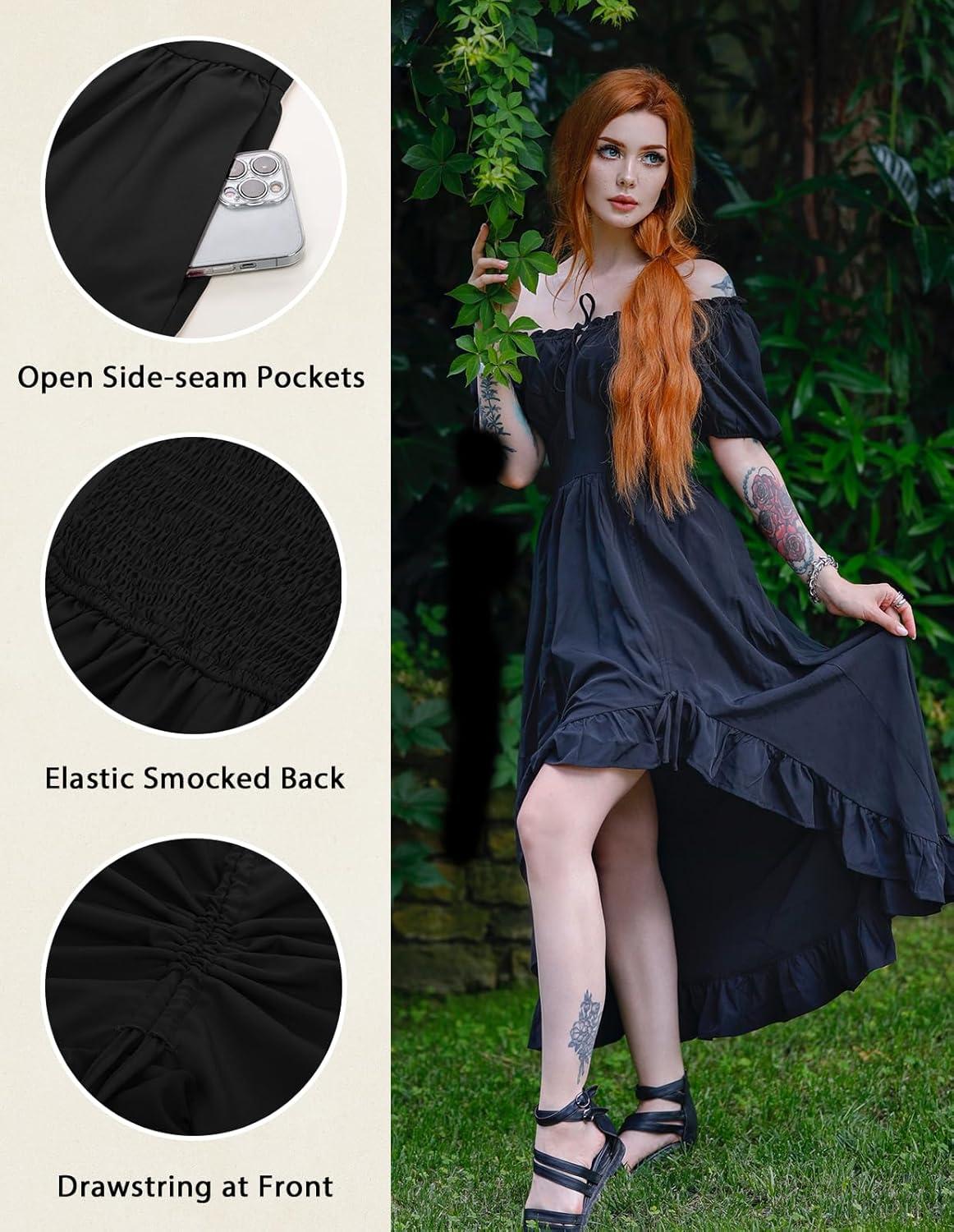 image:imageScarlet Darkness Renaissance Dress Women Cottagecore Corset Dress Ruffle Maxi Dress with PocketsBlack