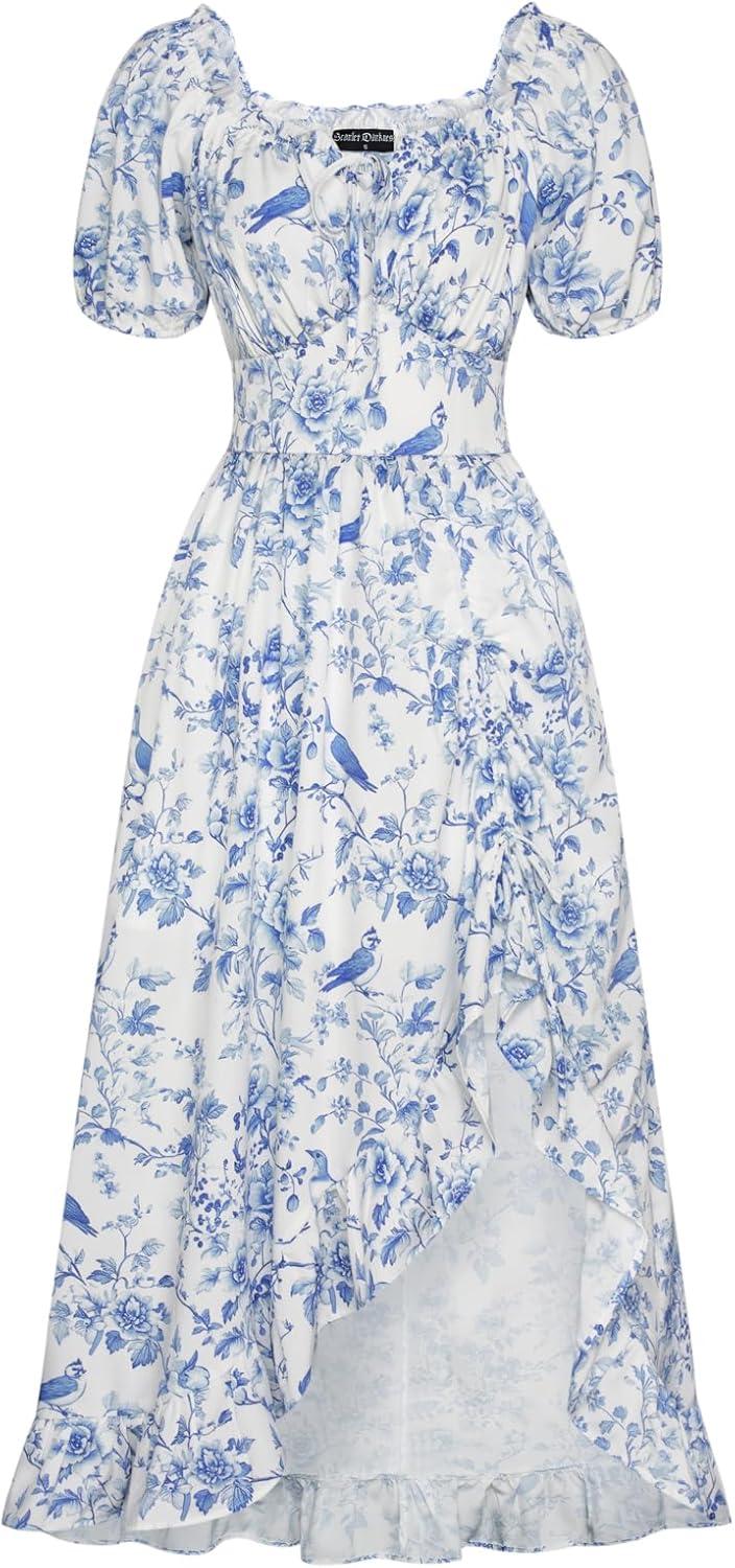 image:imageScarlet Darkness Renaissance Dress Women Cottagecore Corset Dress Ruffle Maxi Dress with PocketsBlue Bird