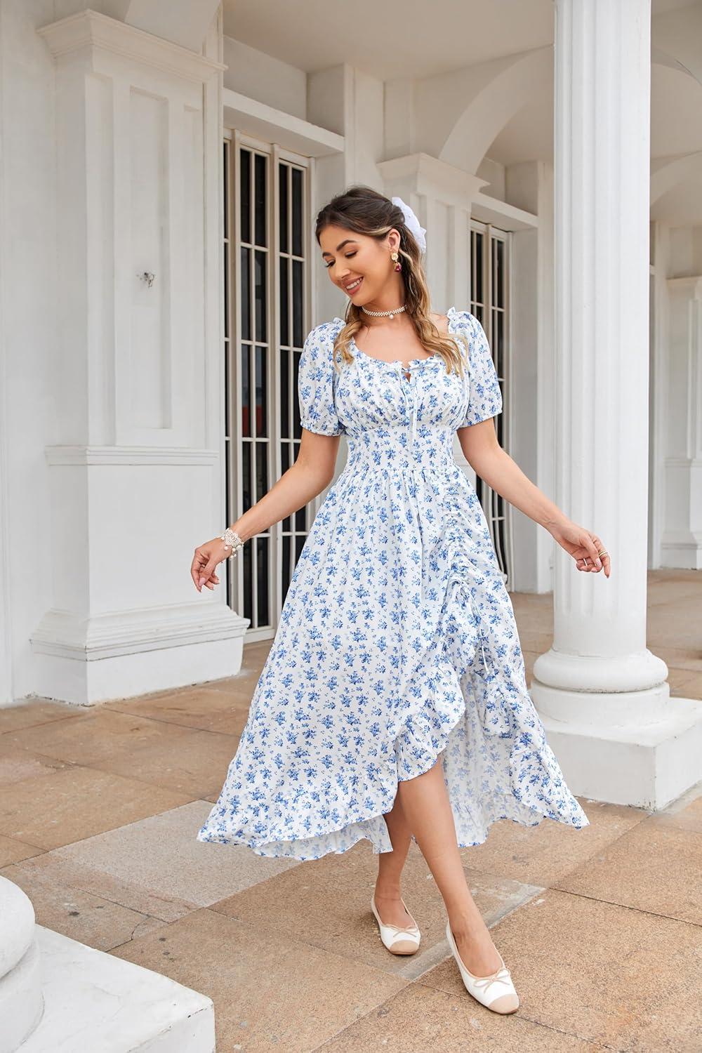 image:imageScarlet Darkness Renaissance Dress Women Cottagecore Corset Dress Ruffle Maxi Dress with PocketsBlue Flower