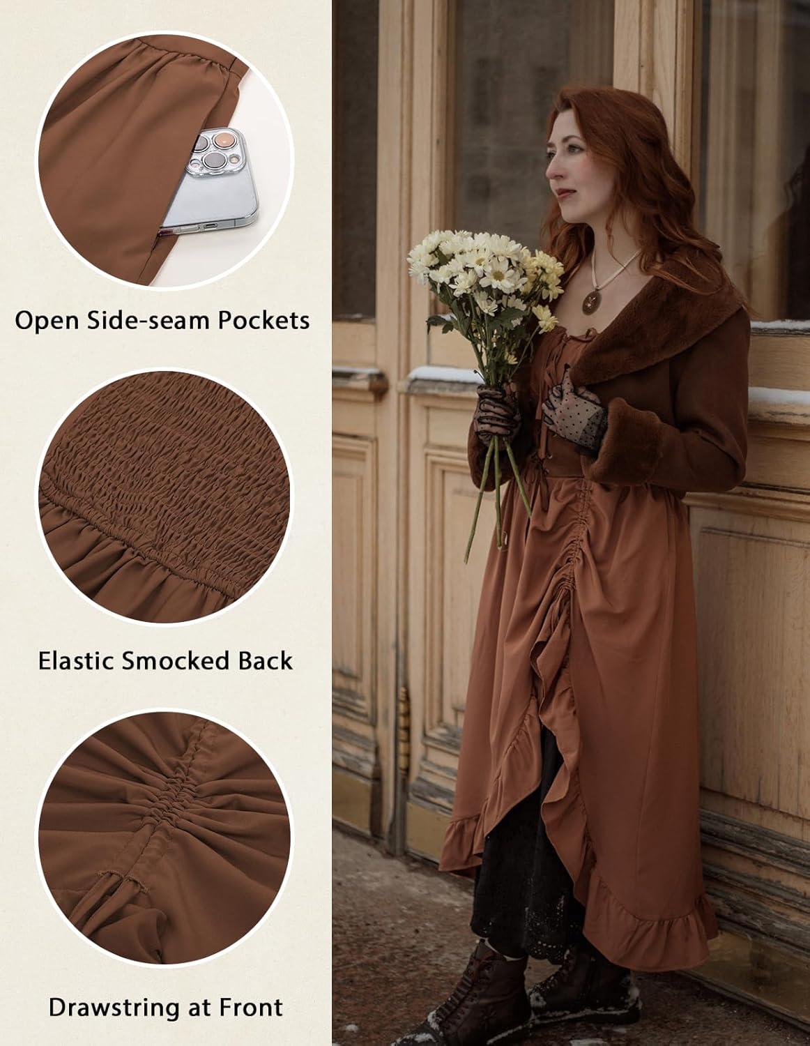 image:imageScarlet Darkness Renaissance Dress Women Cottagecore Corset Dress Ruffle Maxi Dress with PocketsBrown