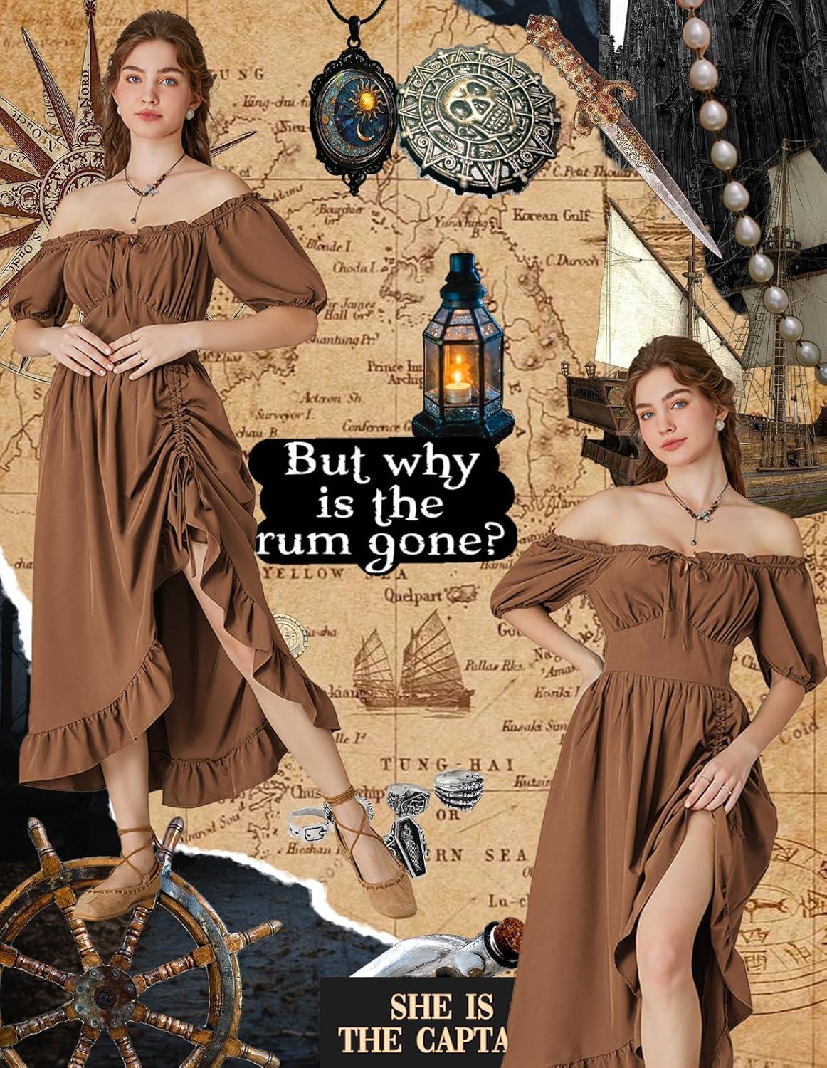 image:imageScarlet Darkness Renaissance Dress Women Cottagecore Corset Dress Ruffle Maxi Dress with PocketsBrown