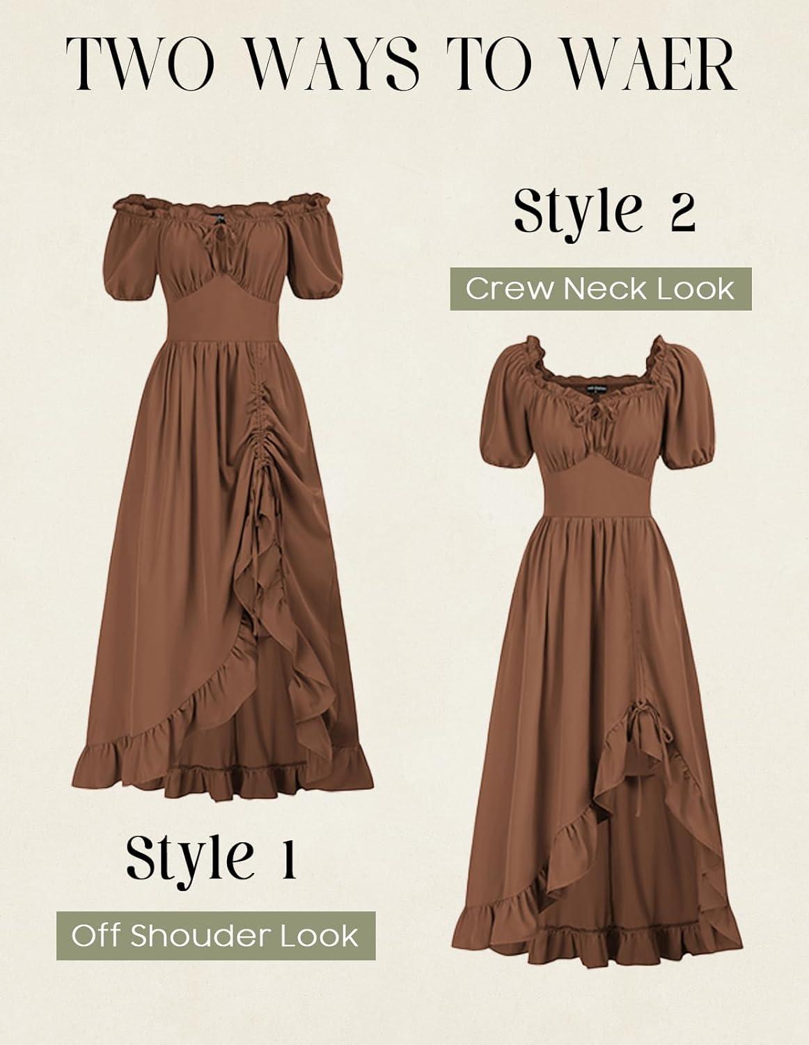 image:imageScarlet Darkness Renaissance Dress Women Cottagecore Corset Dress Ruffle Maxi Dress with PocketsBrown