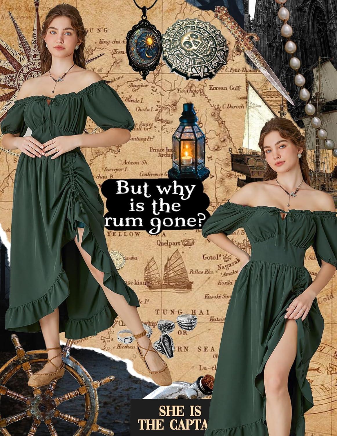 image:imageScarlet Darkness Renaissance Dress Women Cottagecore Corset Dress Ruffle Maxi Dress with PocketsDark Green