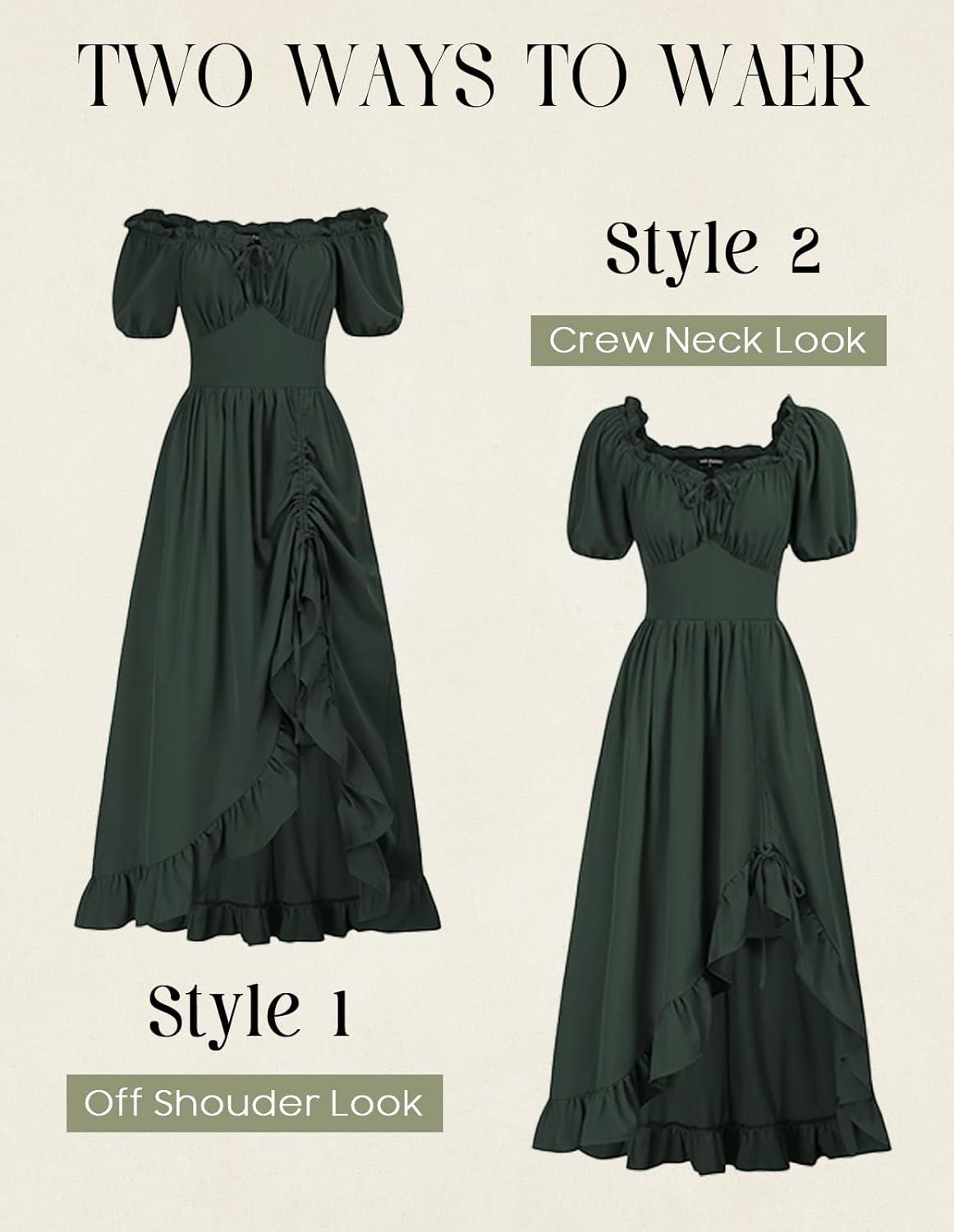 image:imageScarlet Darkness Renaissance Dress Women Cottagecore Corset Dress Ruffle Maxi Dress with PocketsDark Green