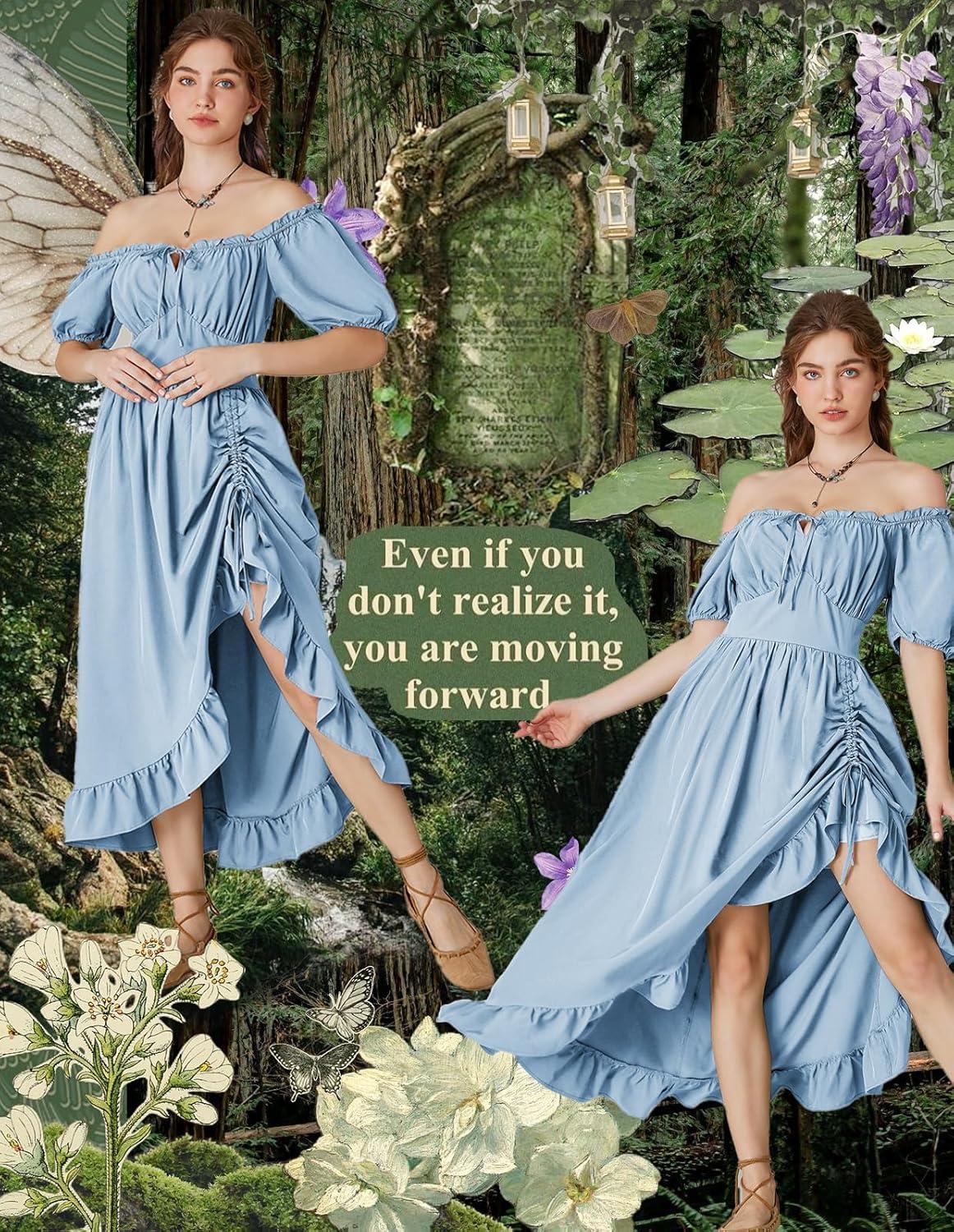 image:imageScarlet Darkness Renaissance Dress Women Cottagecore Corset Dress Ruffle Maxi Dress with PocketsLight Blue