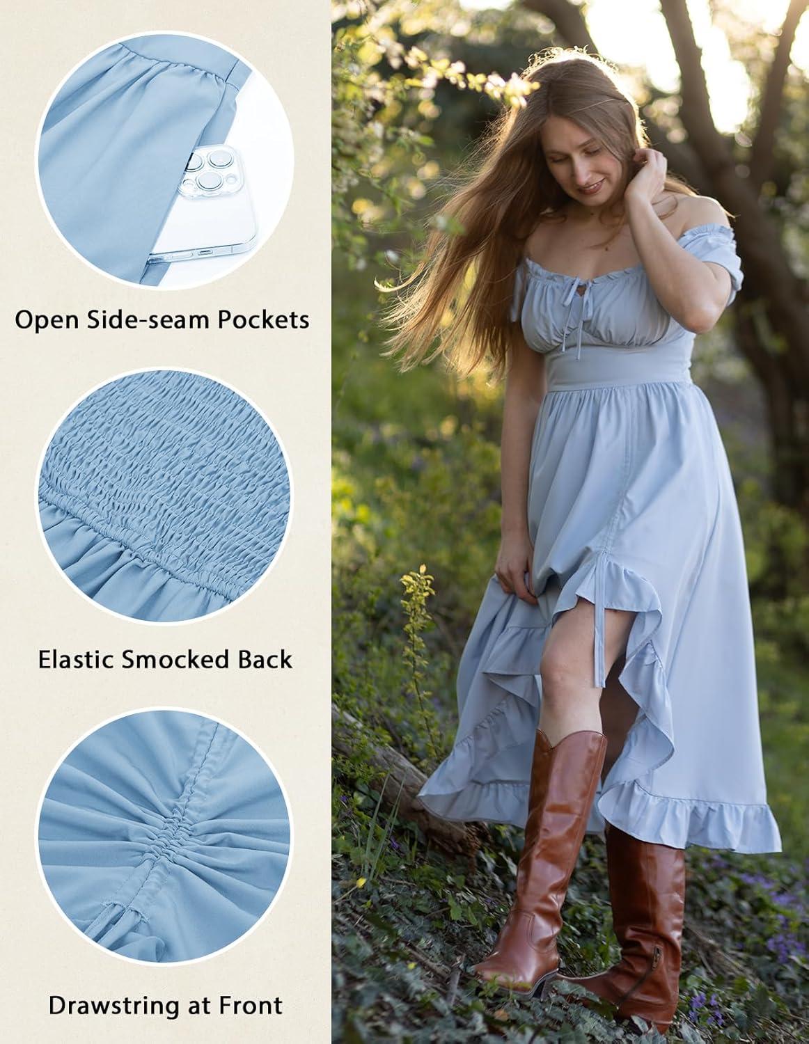 image:imageScarlet Darkness Renaissance Dress Women Cottagecore Corset Dress Ruffle Maxi Dress with PocketsLight Blue