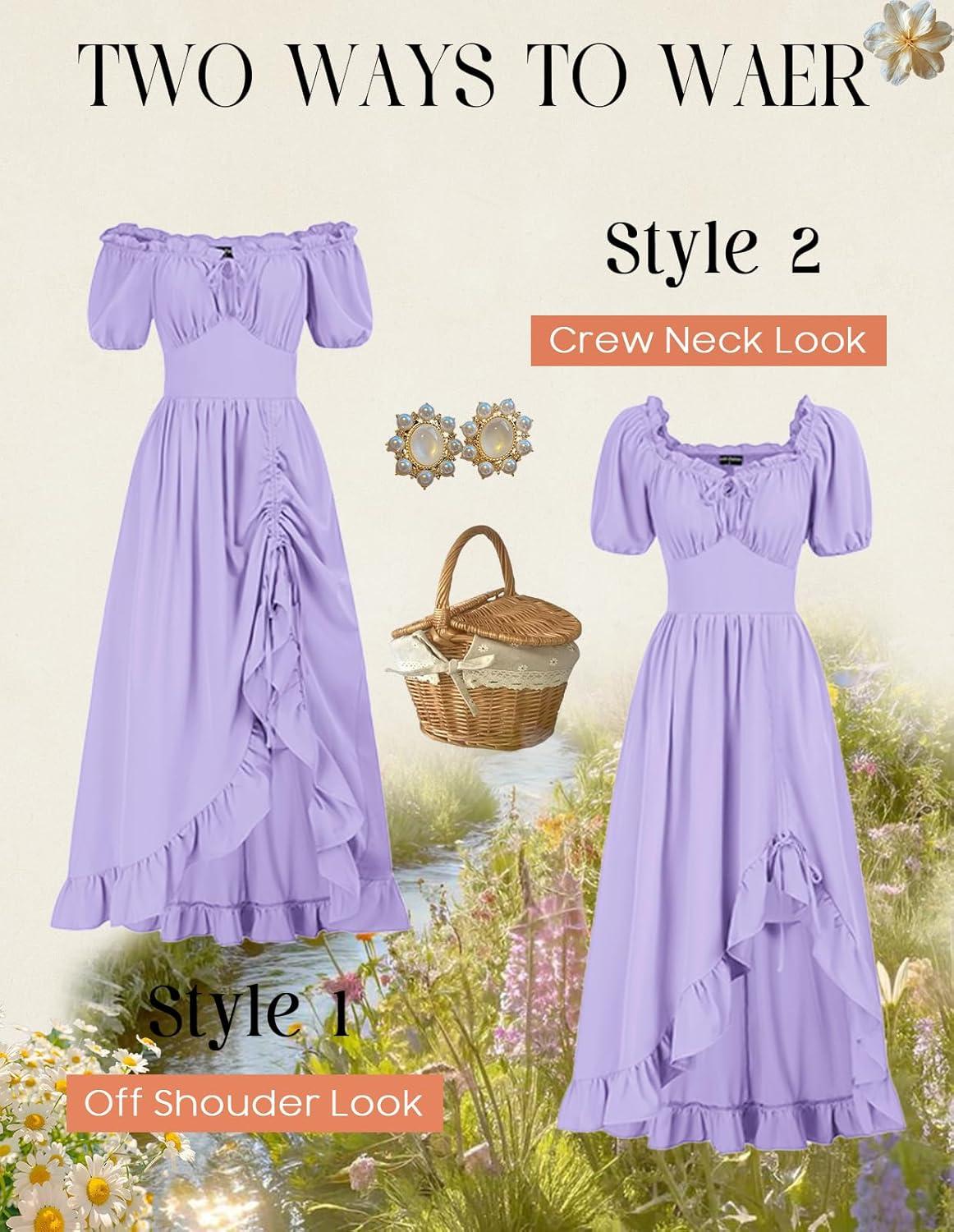 image:imageScarlet Darkness Renaissance Dress Women Cottagecore Corset Dress Ruffle Maxi Dress with PocketsLight Purple
