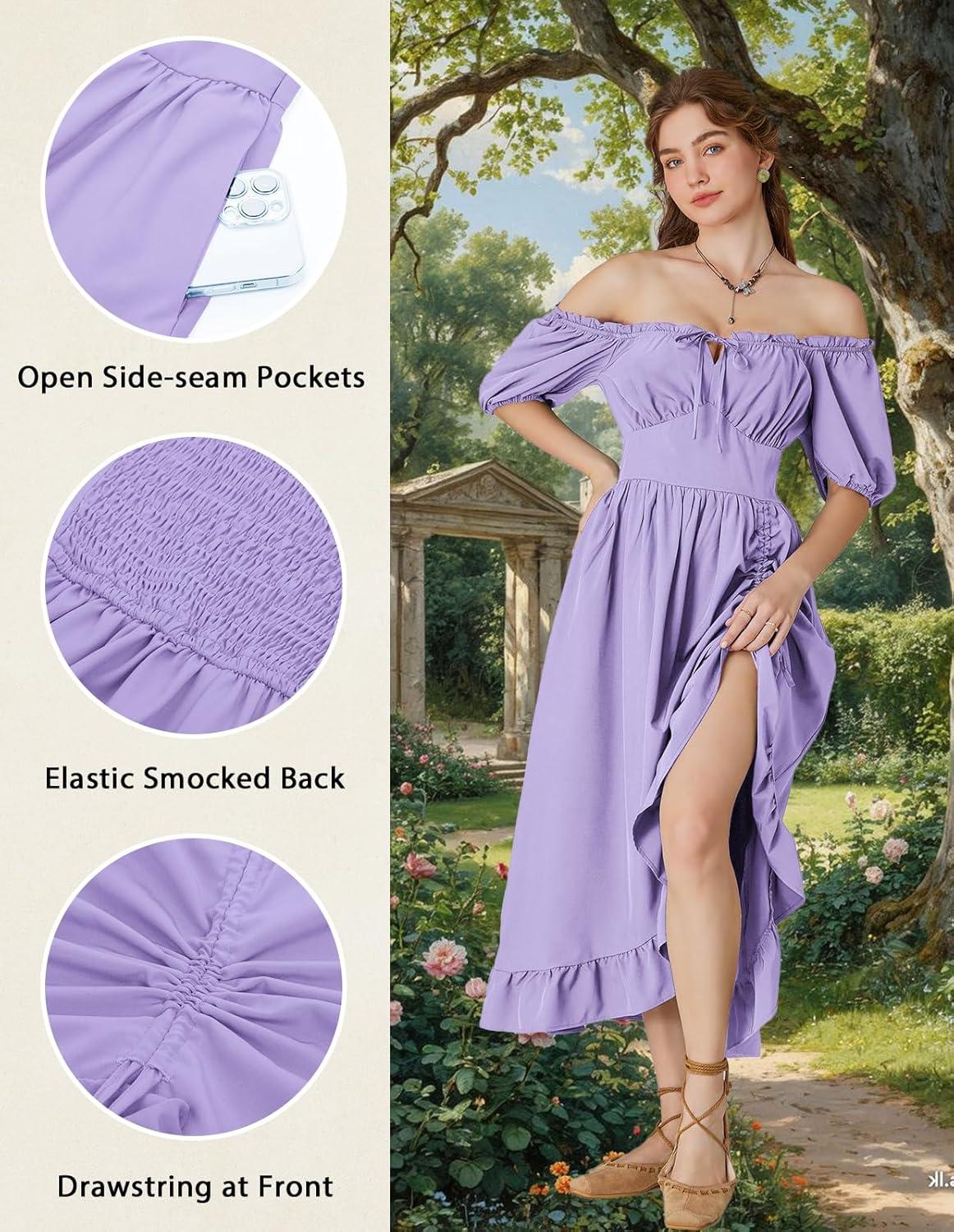 image:imageScarlet Darkness Renaissance Dress Women Cottagecore Corset Dress Ruffle Maxi Dress with PocketsLight Purple