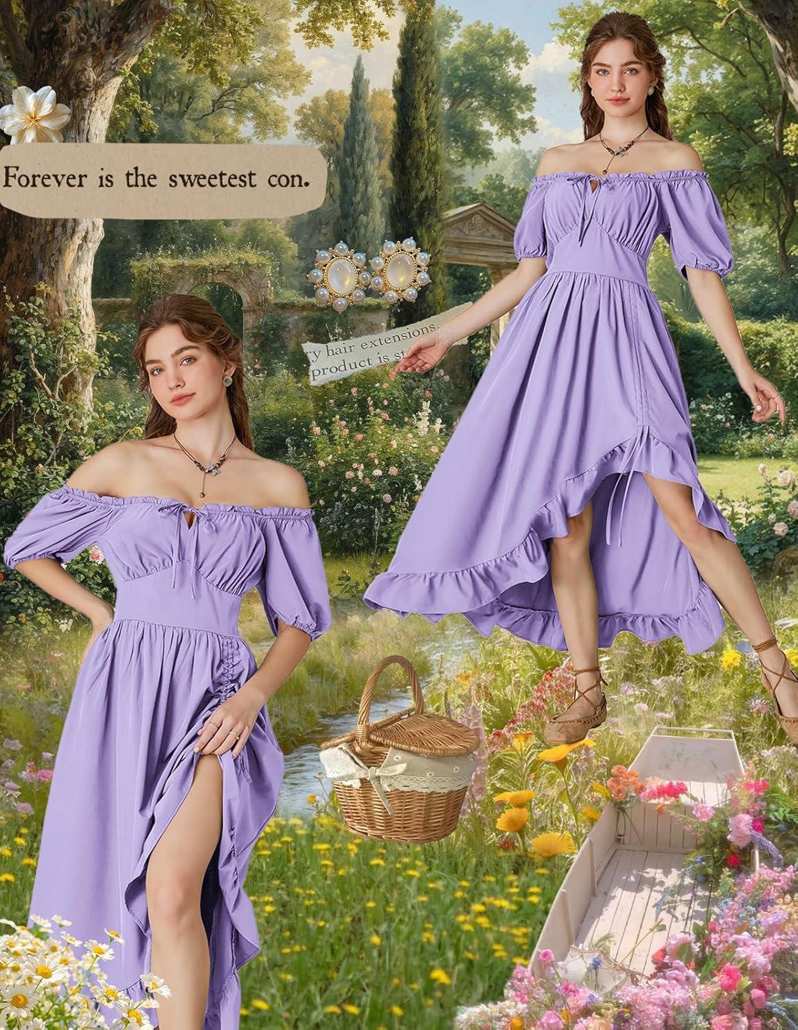 image:imageScarlet Darkness Renaissance Dress Women Cottagecore Corset Dress Ruffle Maxi Dress with PocketsLight Purple