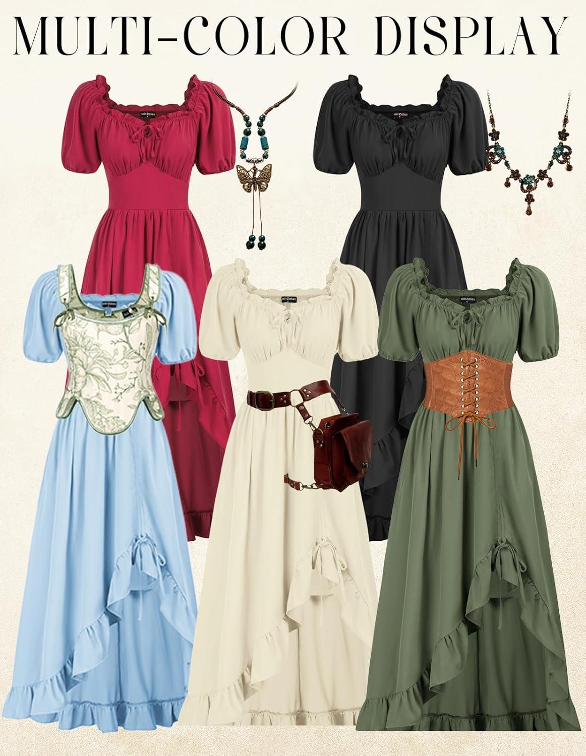 image:imageScarlet Darkness Renaissance Dress Women Cottagecore Corset Dress Ruffle Maxi Dress with PocketsOlive Green