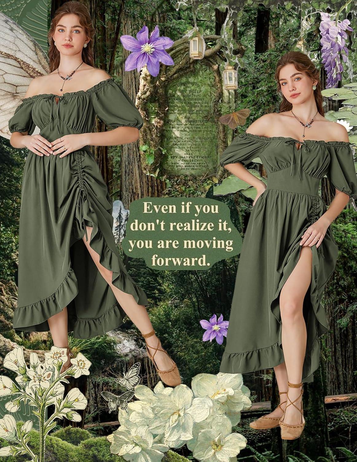 image:imageScarlet Darkness Renaissance Dress Women Cottagecore Corset Dress Ruffle Maxi Dress with PocketsOlive Green