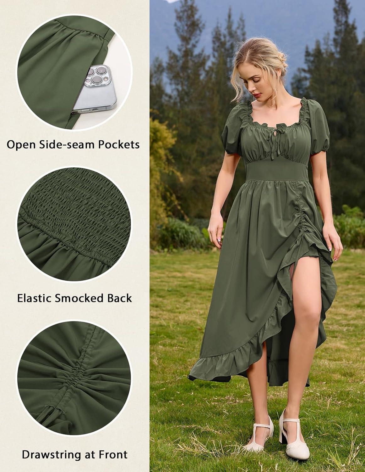 image:imageScarlet Darkness Renaissance Dress Women Cottagecore Corset Dress Ruffle Maxi Dress with PocketsOlive Green