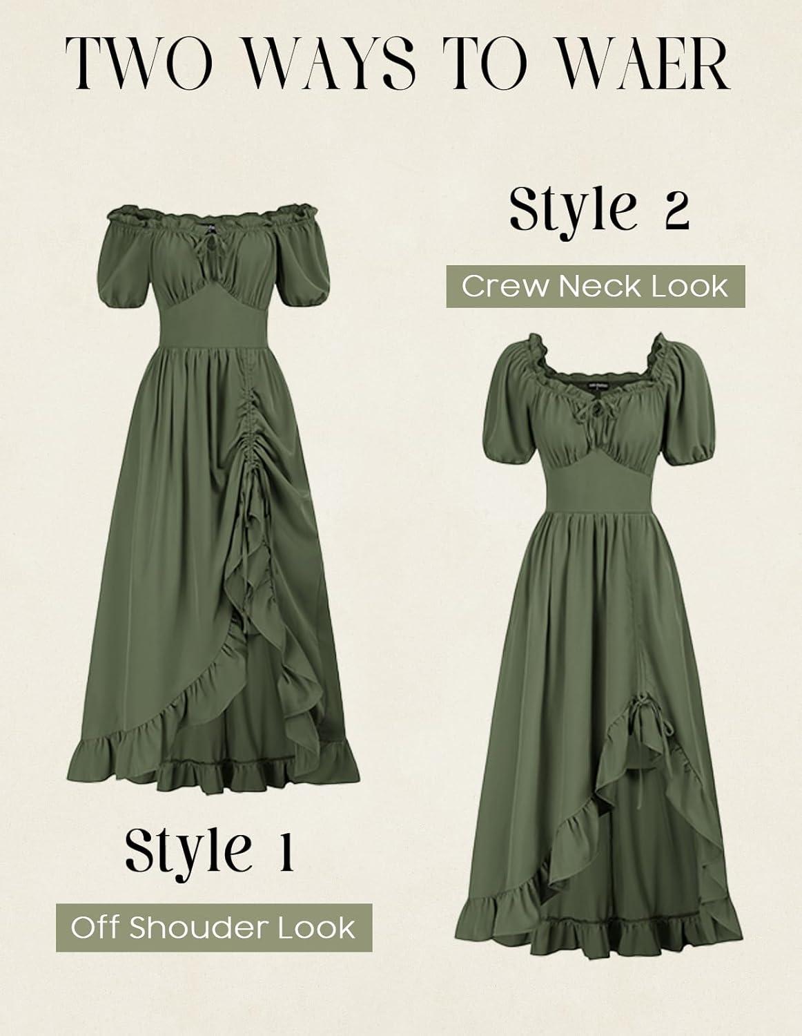 image:imageScarlet Darkness Renaissance Dress Women Cottagecore Corset Dress Ruffle Maxi Dress with PocketsOlive Green